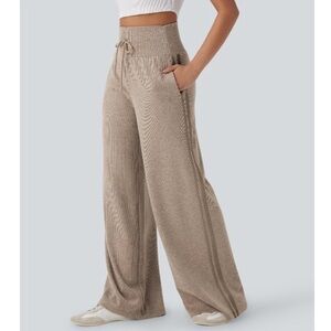 HALARA Beige High-Waist Wide-Leg Knit Pants